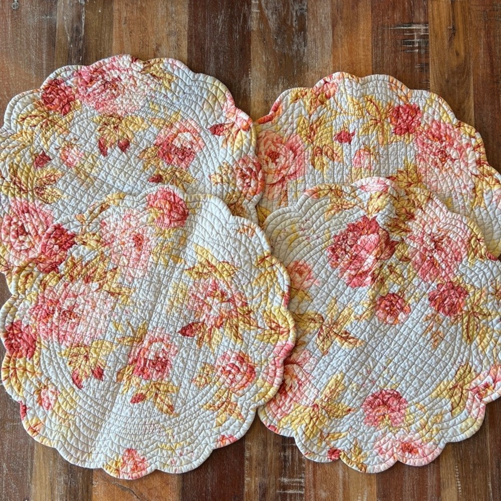 C&F Blue & Pink Floral Round Quilted, Reversible Striped Placemats Set of 4